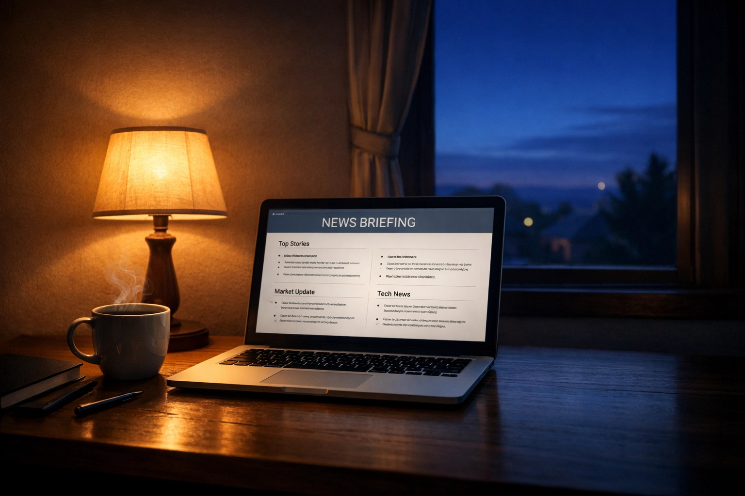 5 AM morning desk setup with laptop displaying news briefing and coffee at dawn