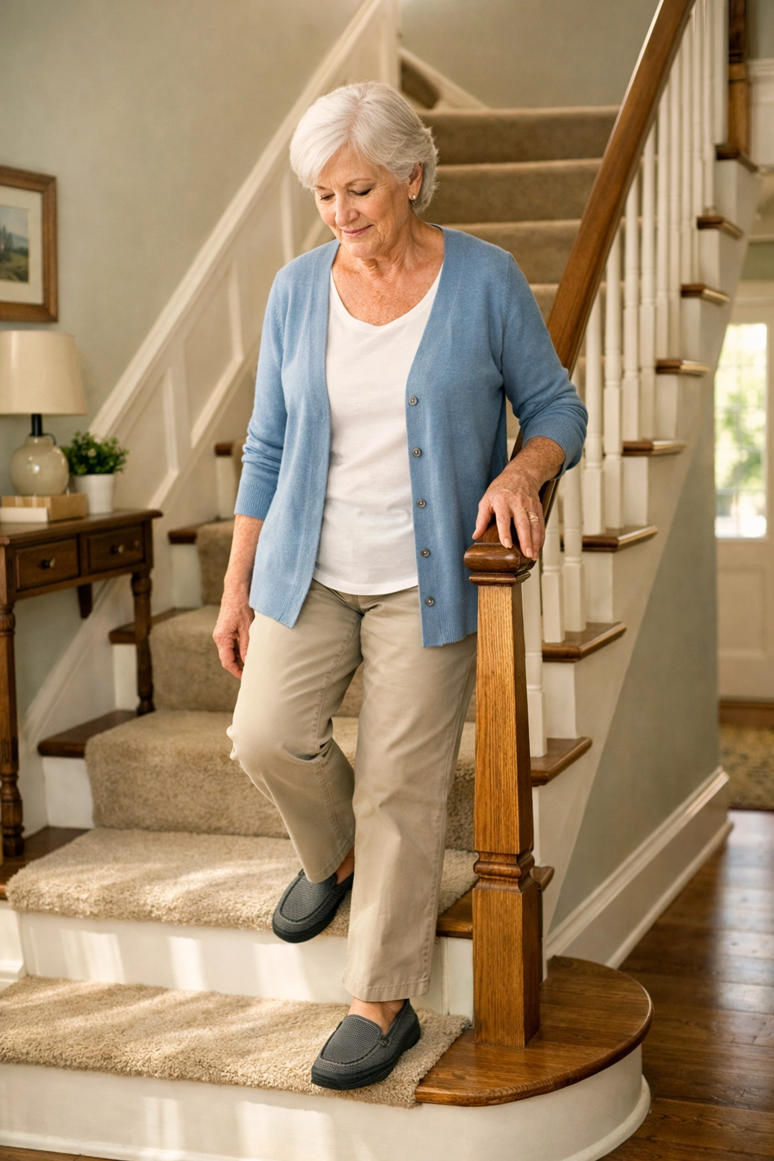 Senior woman safely descending a well-lit staircase using a handrail and wearing non-slip shoes.