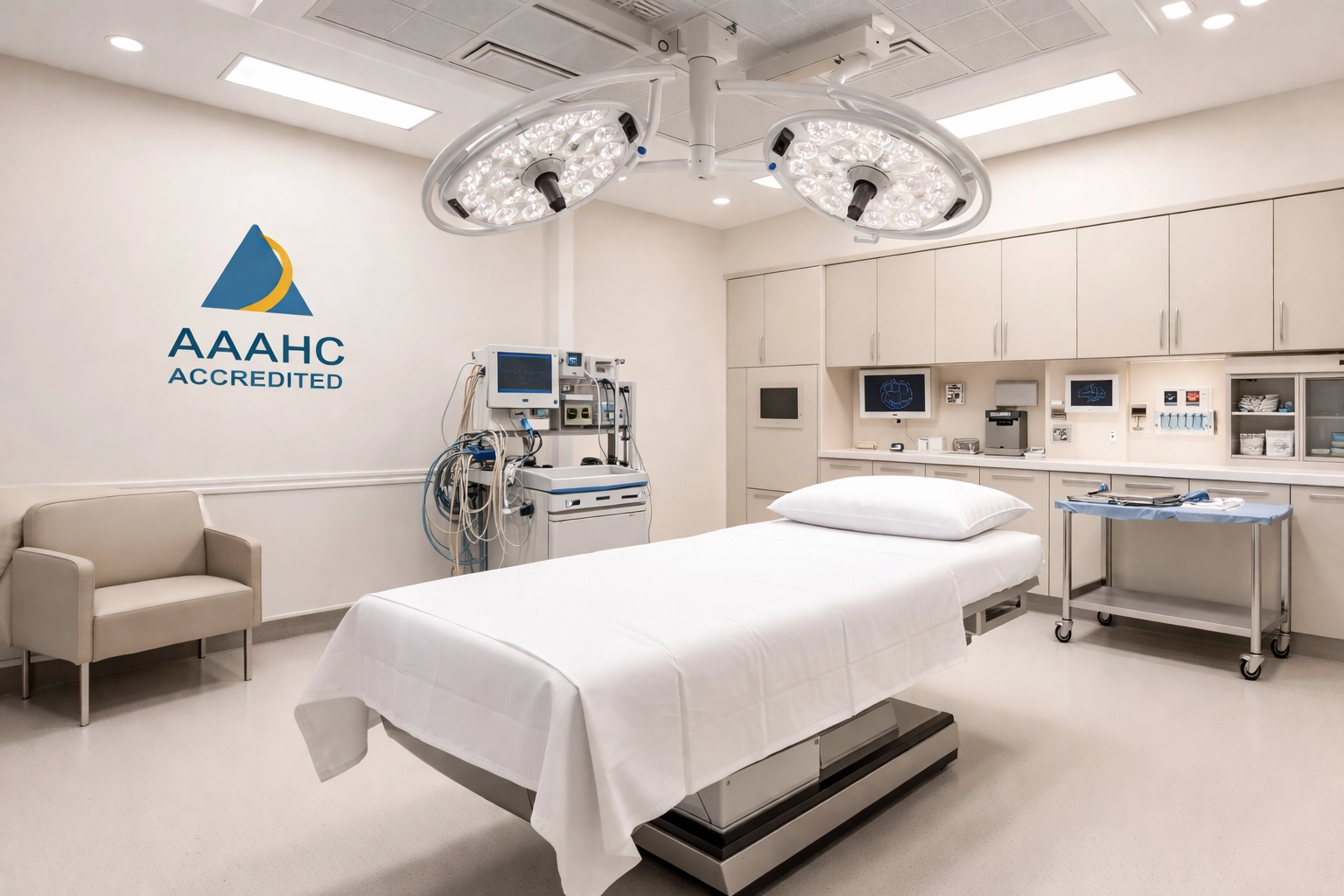 Modern AAAHC-accredited surgical suite with equipment for safe and precise ab etching procedures