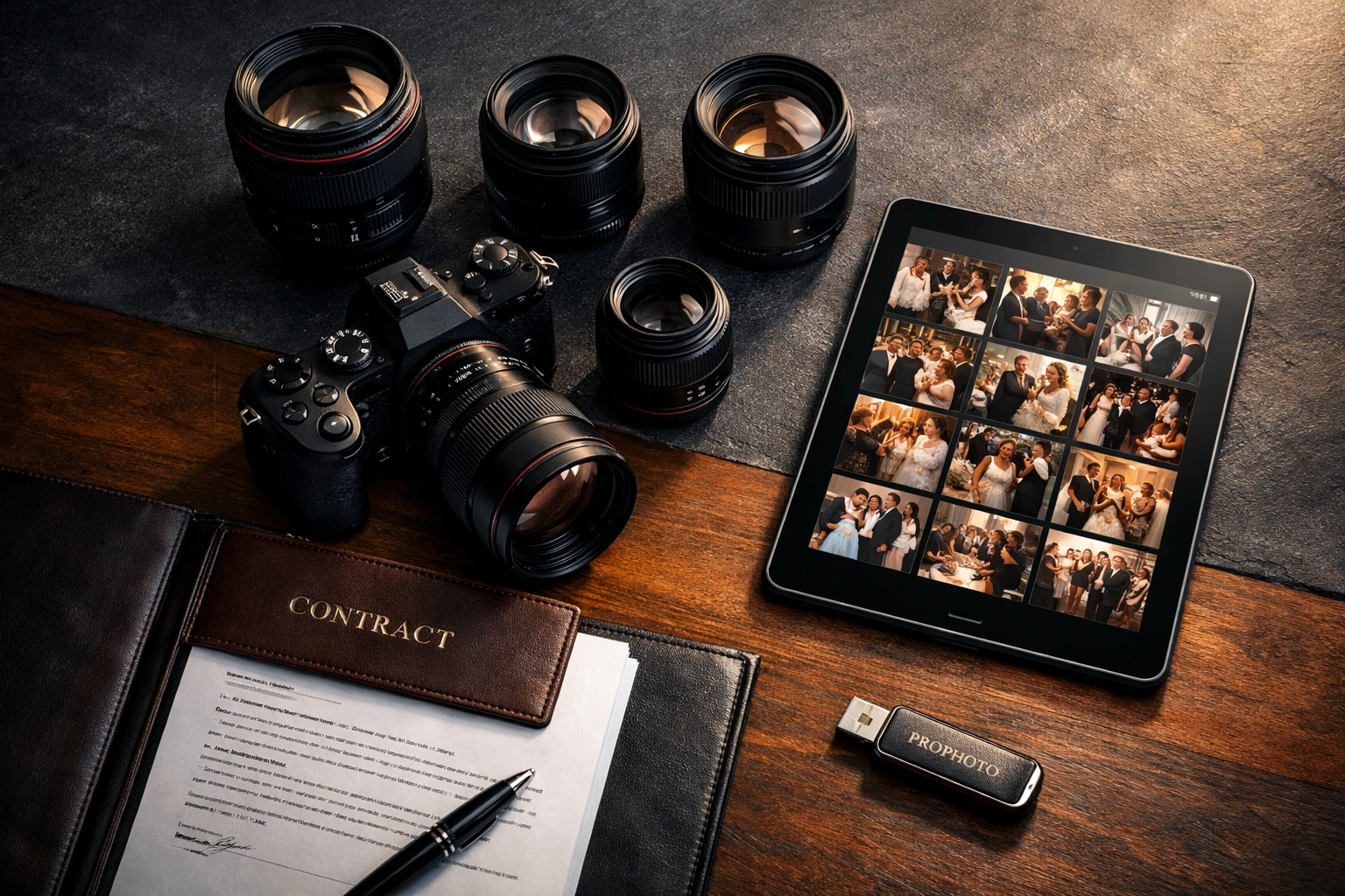 Professional event photography package with camera gear, contracts, and edited images.