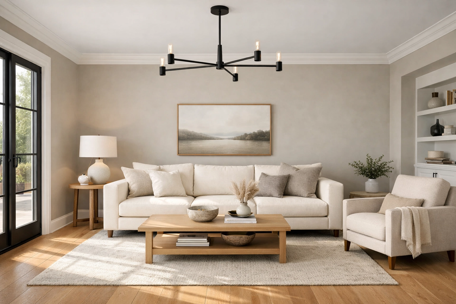 Staged Raleigh living room with neutral greige paint and modern lighting to increase home resale value. Staged Raleigh living room with neutral greige paint and modern lighting to increase home resale value.