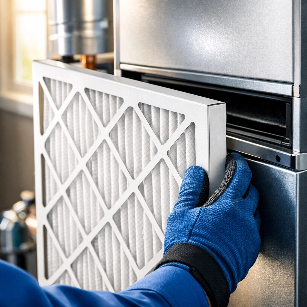 Technician installing a high-efficiency air filter into an HVAC furnace for better indoor air quality.