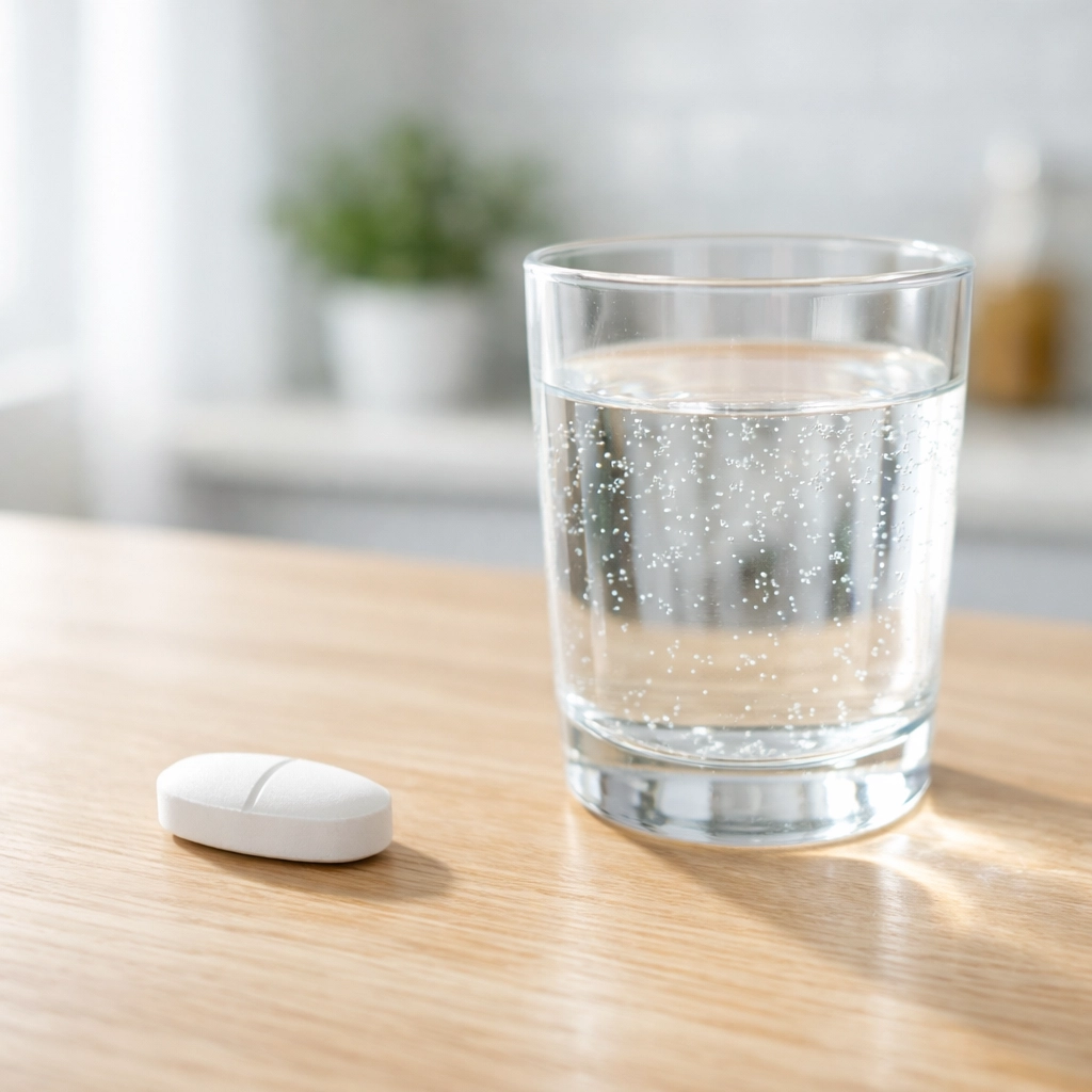 Oral weight loss medication pill and water glass, an effective Wegovy substitute for medical weight loss.