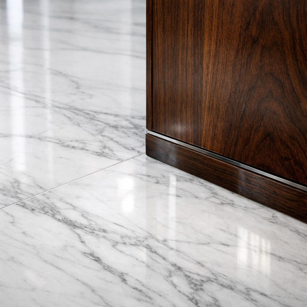 Pristine marble floor and wood paneling in a commercial lobby requiring specialized surface care.