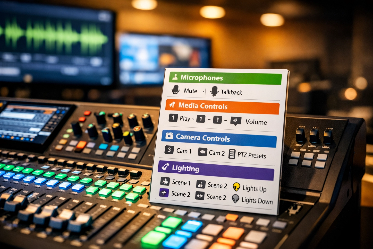 AV mixing console with laminated quick-reference guide for volunteer training
