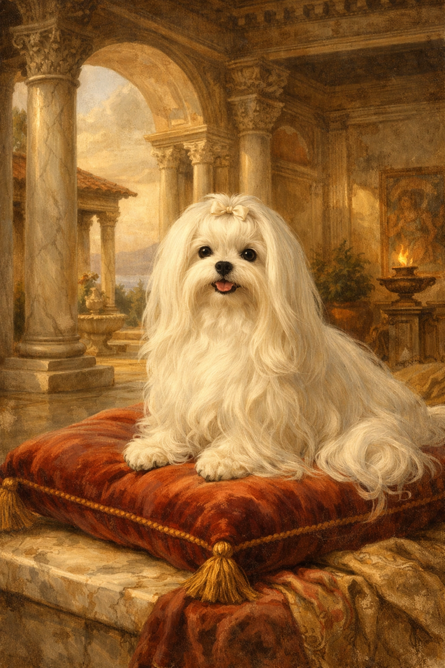 Bichon Maltais dans un cadre historique illustrant les origines antiques de la race