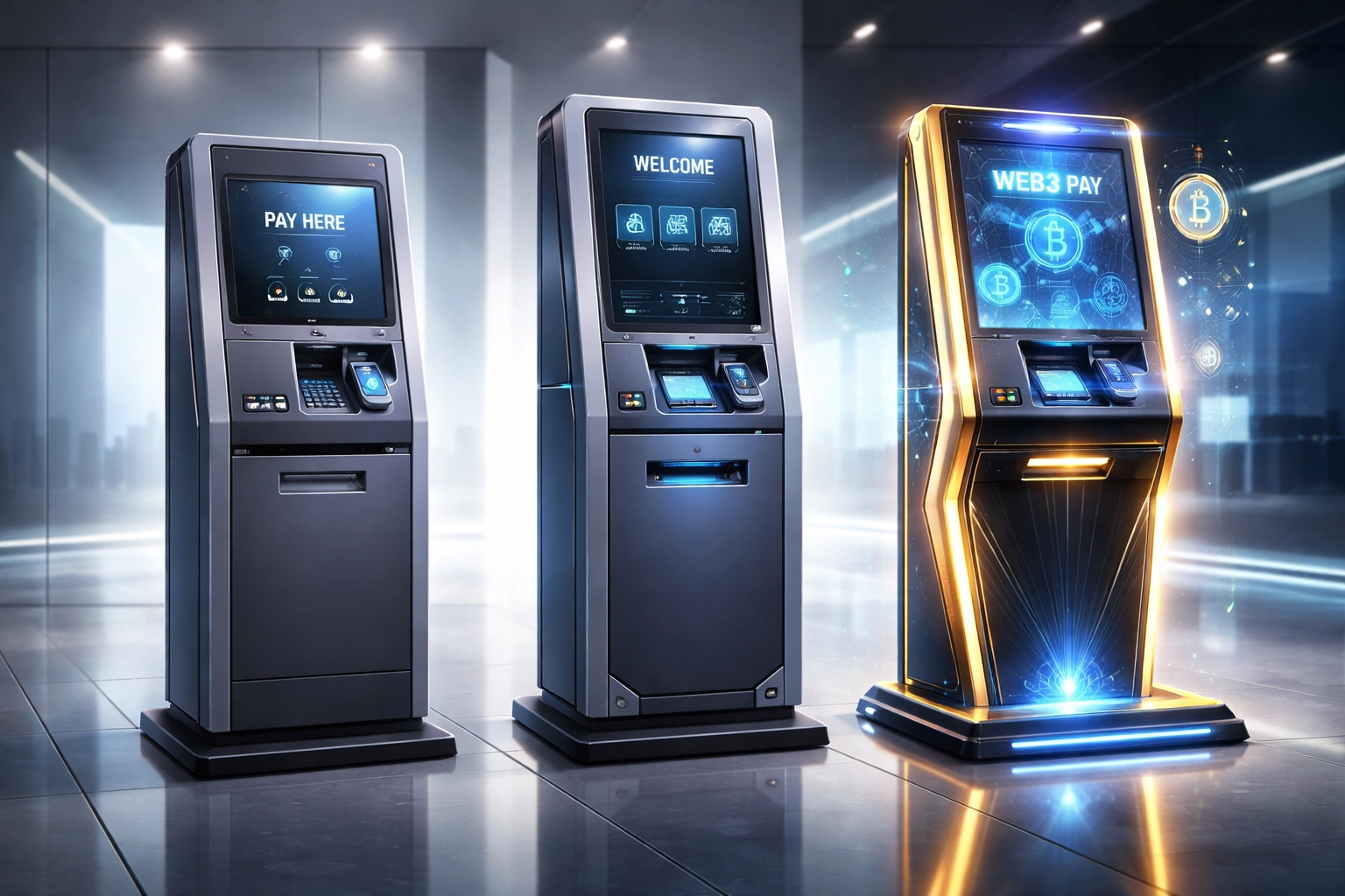 Side-by-side comparison of modern crypto POS terminals showing evolution from basic to advanced Web3 payment systems.