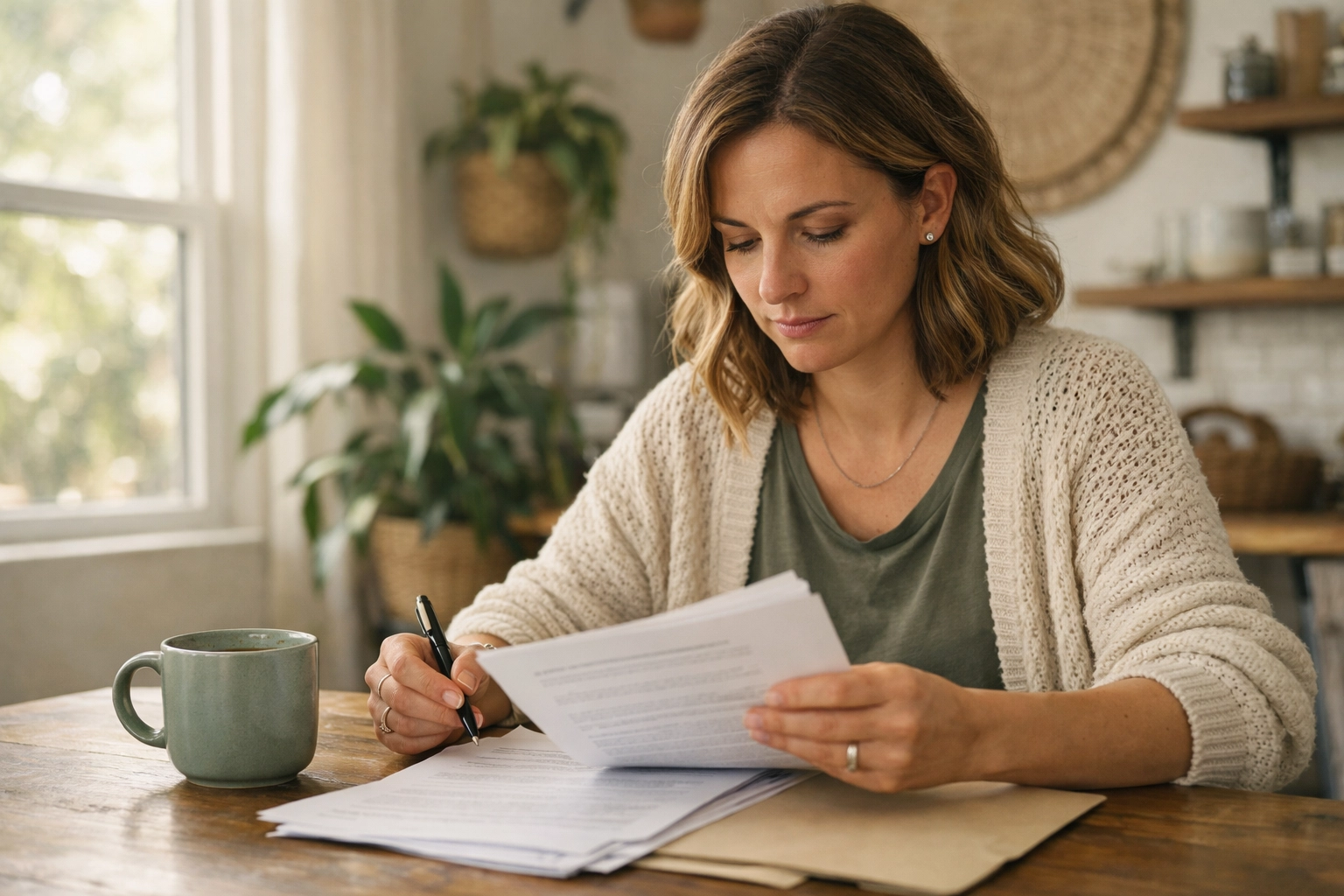 Parent reviewing Guardian ad Litem paperwork at a kitchen table in soft window light, with plants and calm home setting