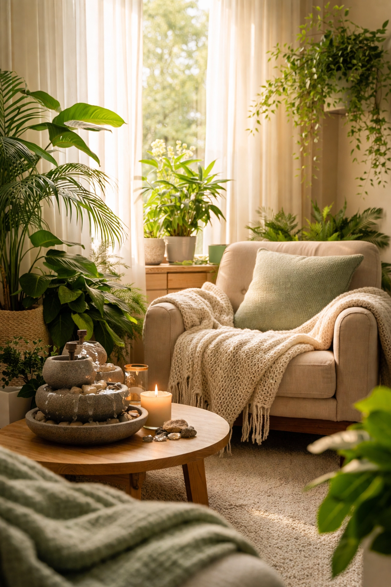 Workplace wellness room with natural light, cozy seating, and green plants promoting restorative environments.