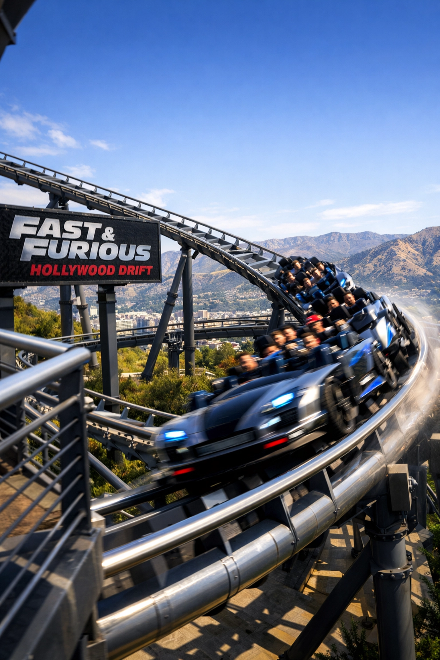 Universal Studios Hollywood Photography Guide 2026: Movie Magic Secrets Revealed for the Best Photo Spots 1 Fast & Furious Hollywood Drift coaster on the hillside, one of the best photography locations for action shots.