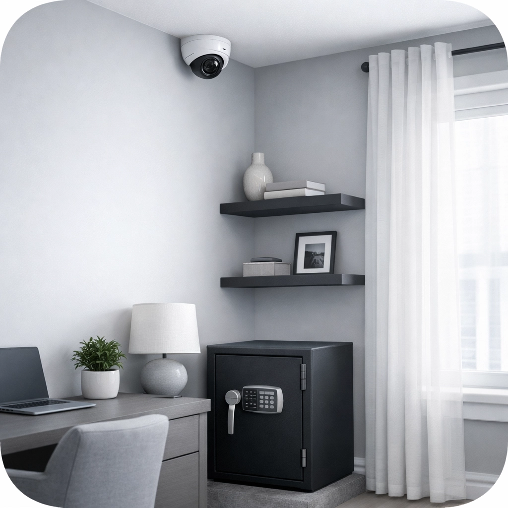 Discreet security camera monitoring safe location in modern home