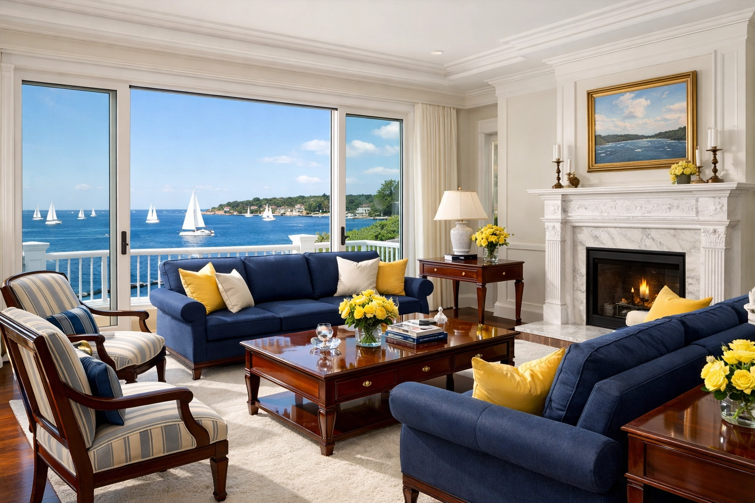 Luxury Marblehead living room with harbor views after a professional Marblehead luxury cleaning service.