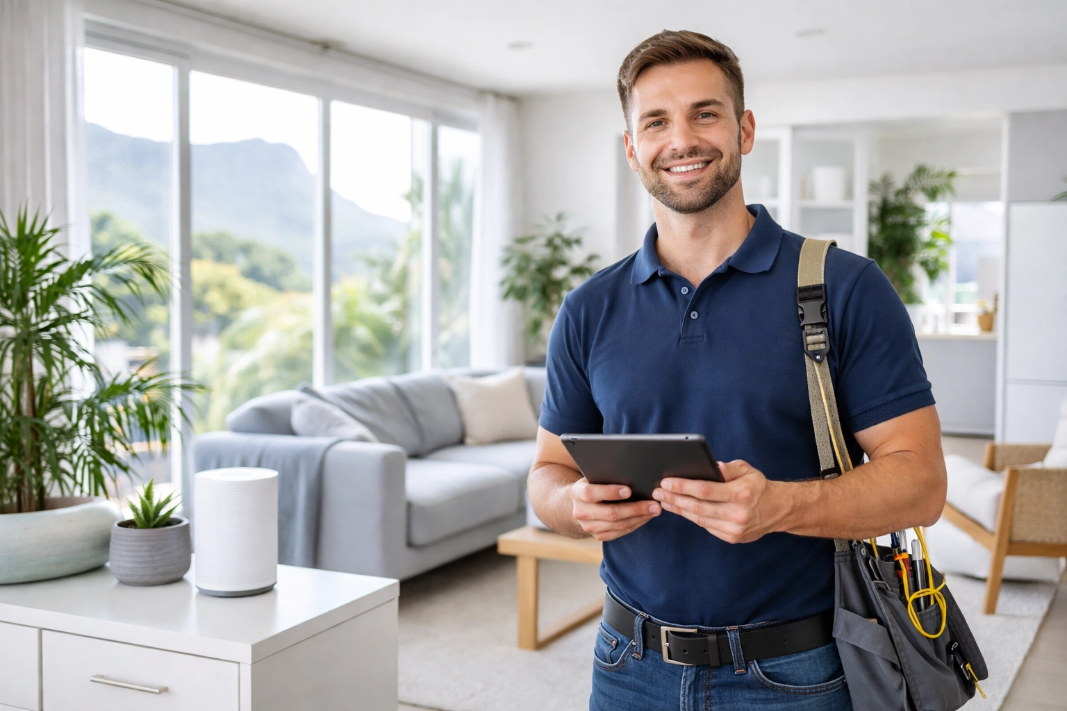 WiFi technician assessing a Cape Town home for mesh WiFi optimization and professional network setup.
