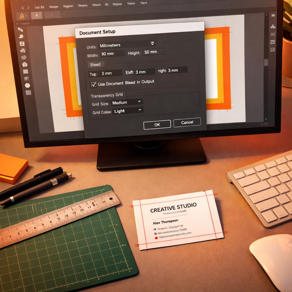 Designer workspace showing Illustrator document setup with bleed guides and printed business card