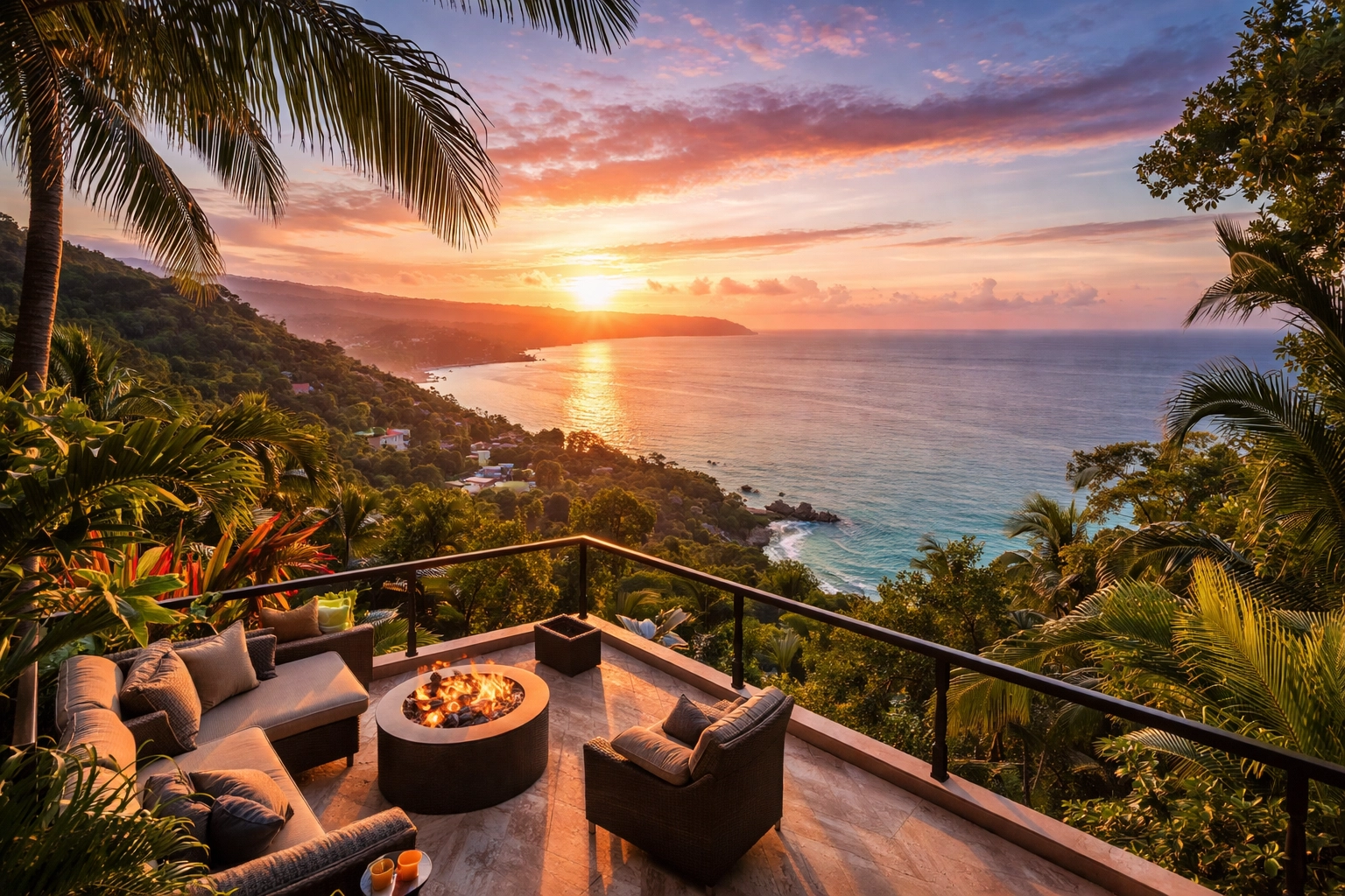 Panoramic sunrise view over Banderas Bay from an Amapas hillside balcony in Puerto Vallarta.