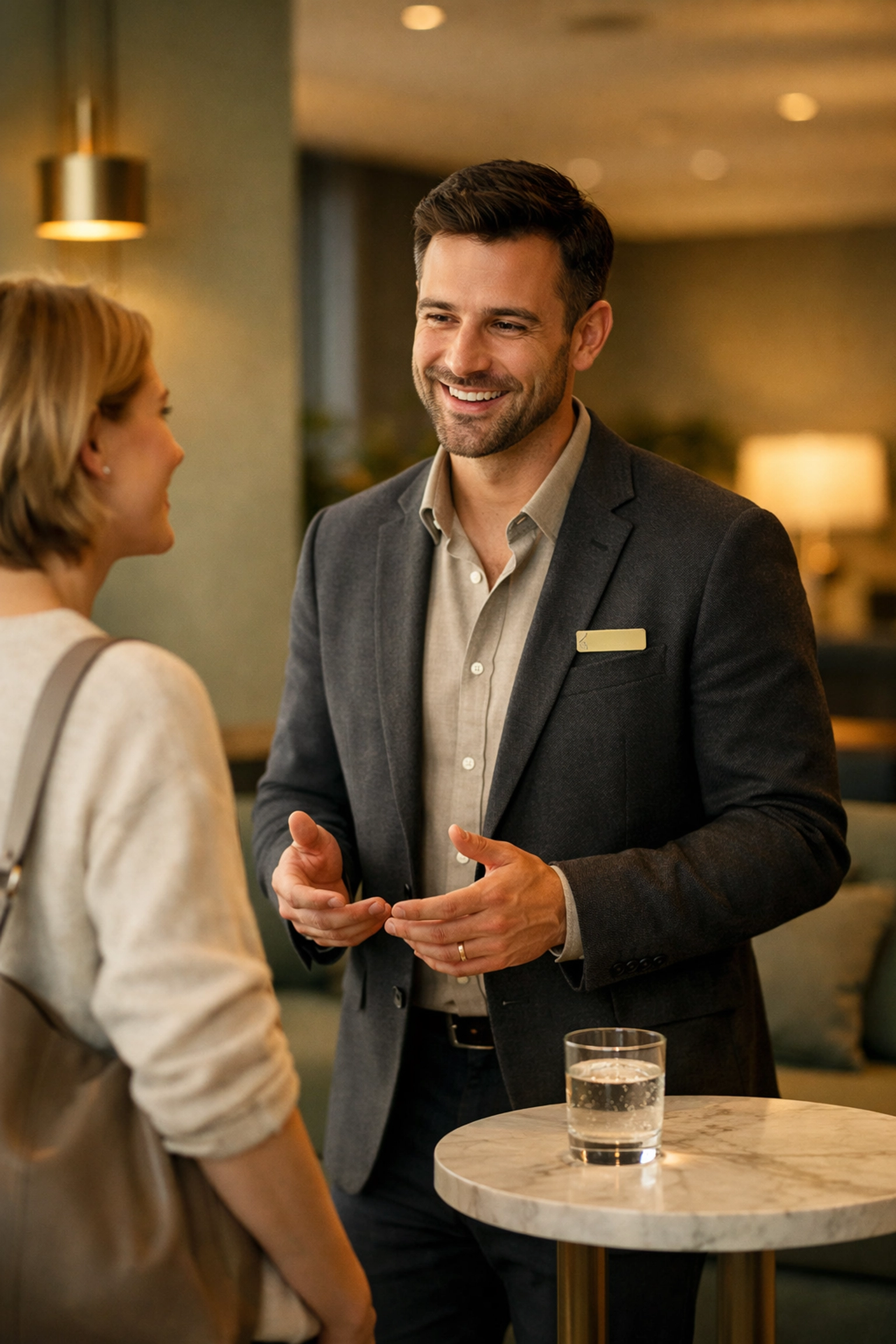 A hotel host engaging in personalized guest service in a lounge without a front desk.