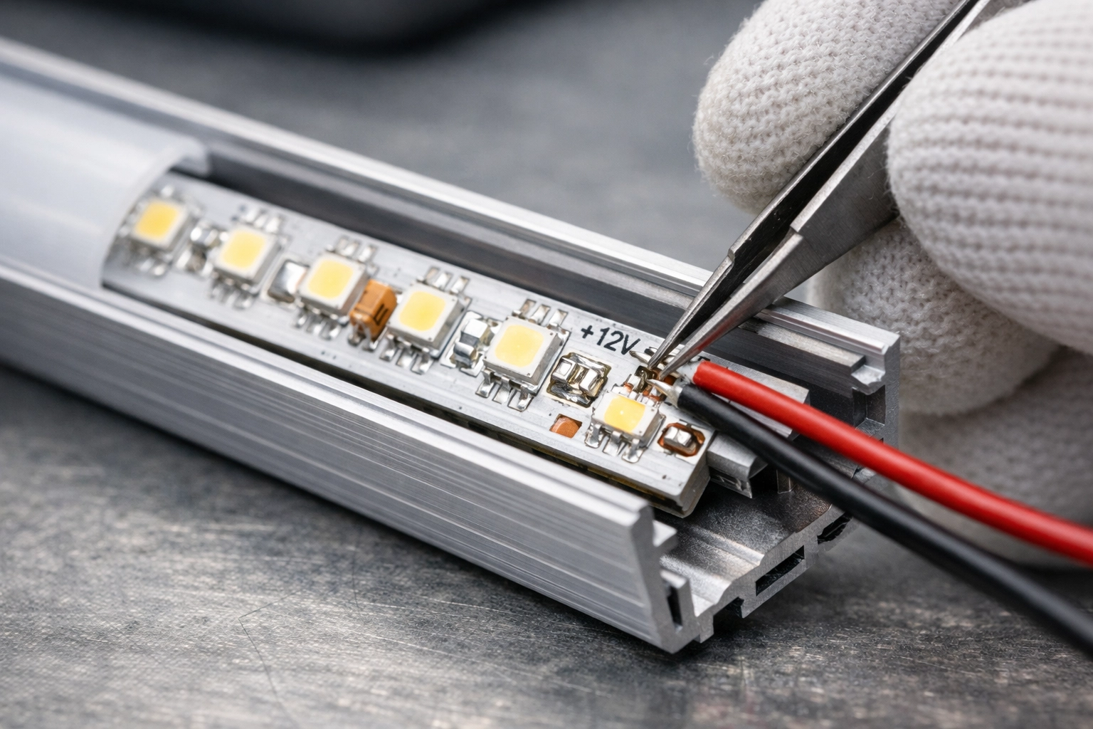 Close-up of a high-quality linear LED strip handmade in Canada for custom kitchen lighting.