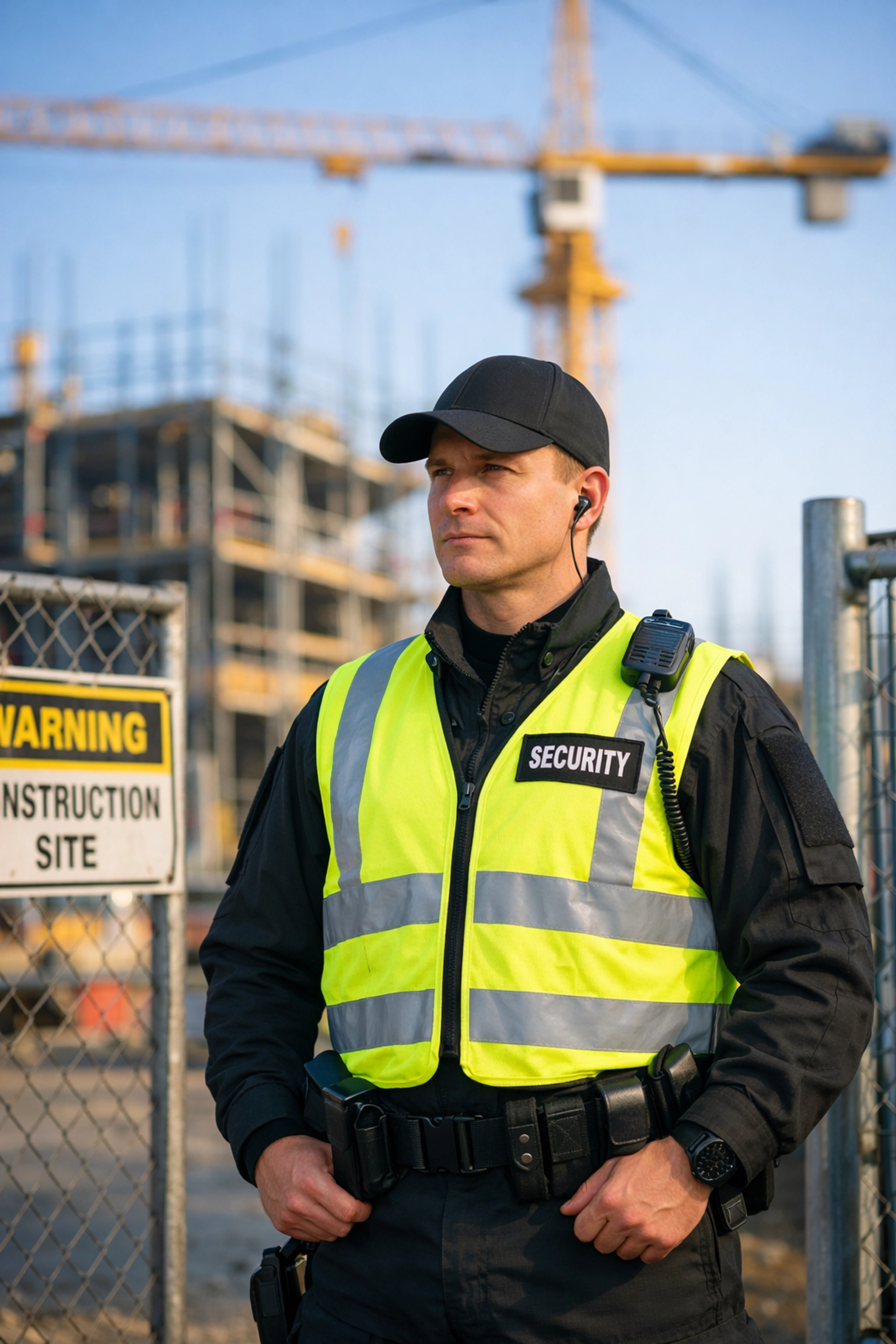 SIA-trained security officer in high-visibility vest providing manned guarding at a construction site entrance.