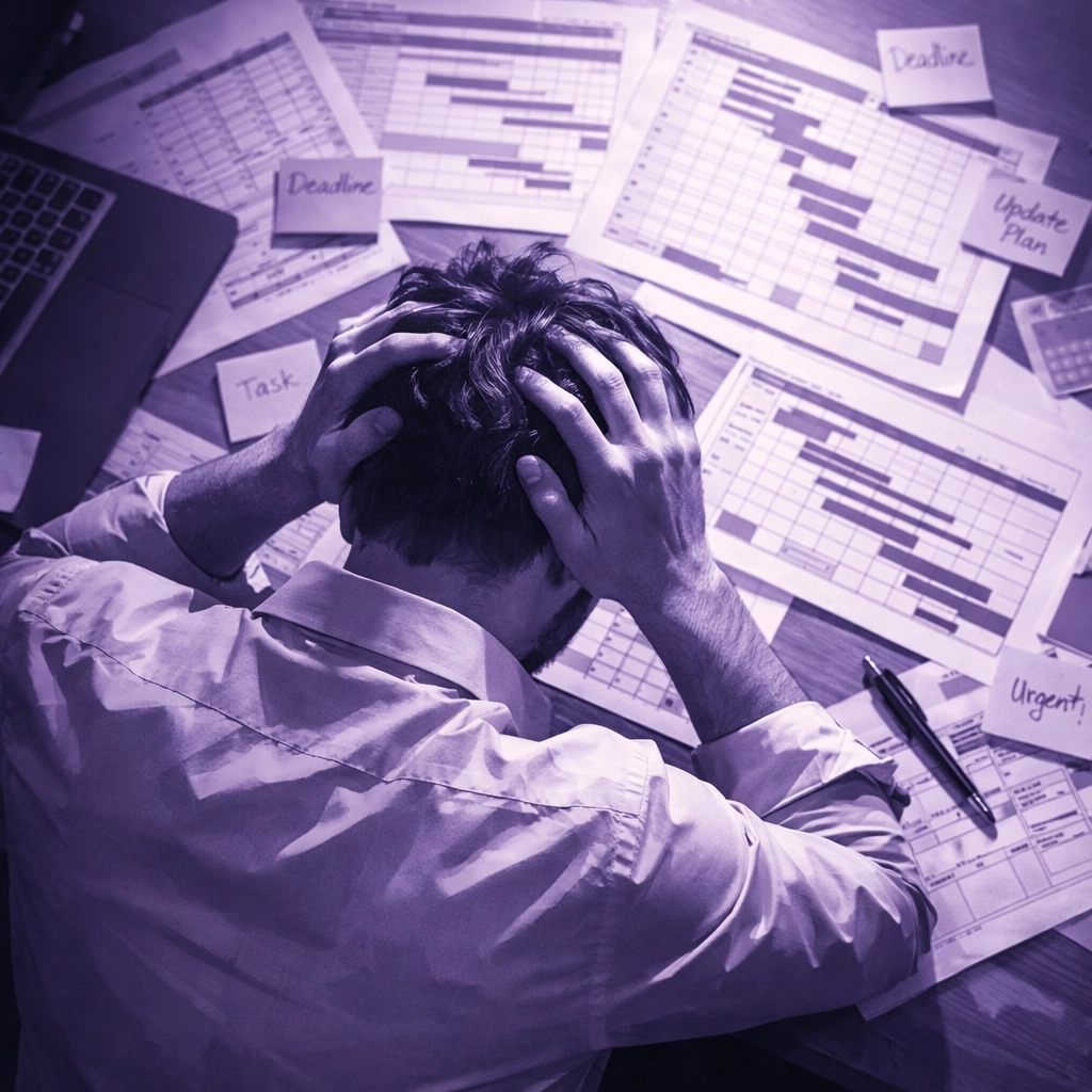Frustrated project manager overwhelmed by rigid Gantt charts and inflexible project plans