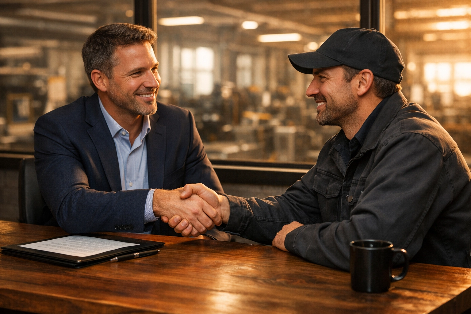 A manufacturing recruiter and skilled industrial worker discussing career options in an office.
