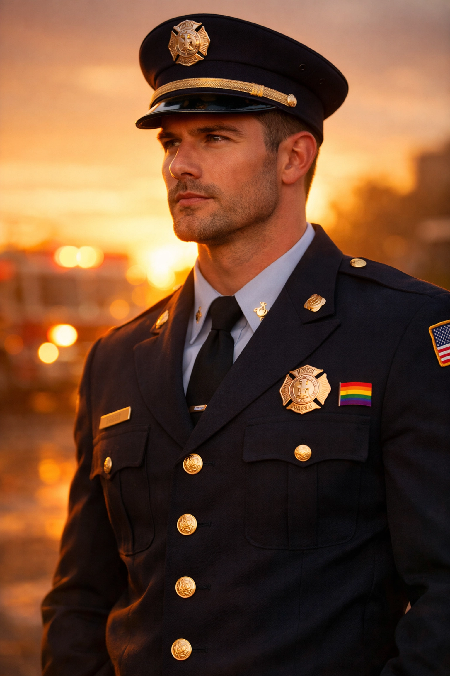 Firefighter in dress uniform representing heroism and protection in gay romance fiction
