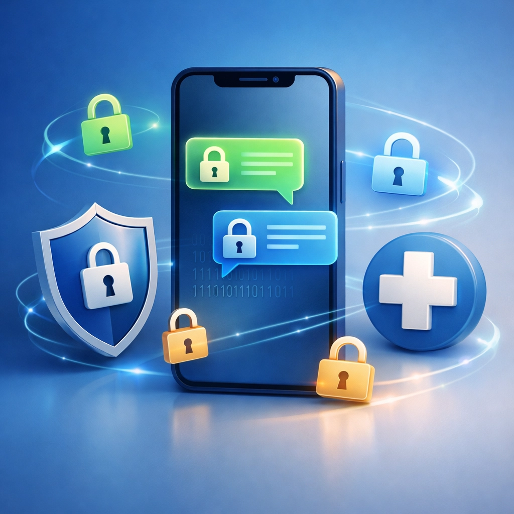 Secure encrypted medical messaging on smartphone with HIPAA protection for online healthcare