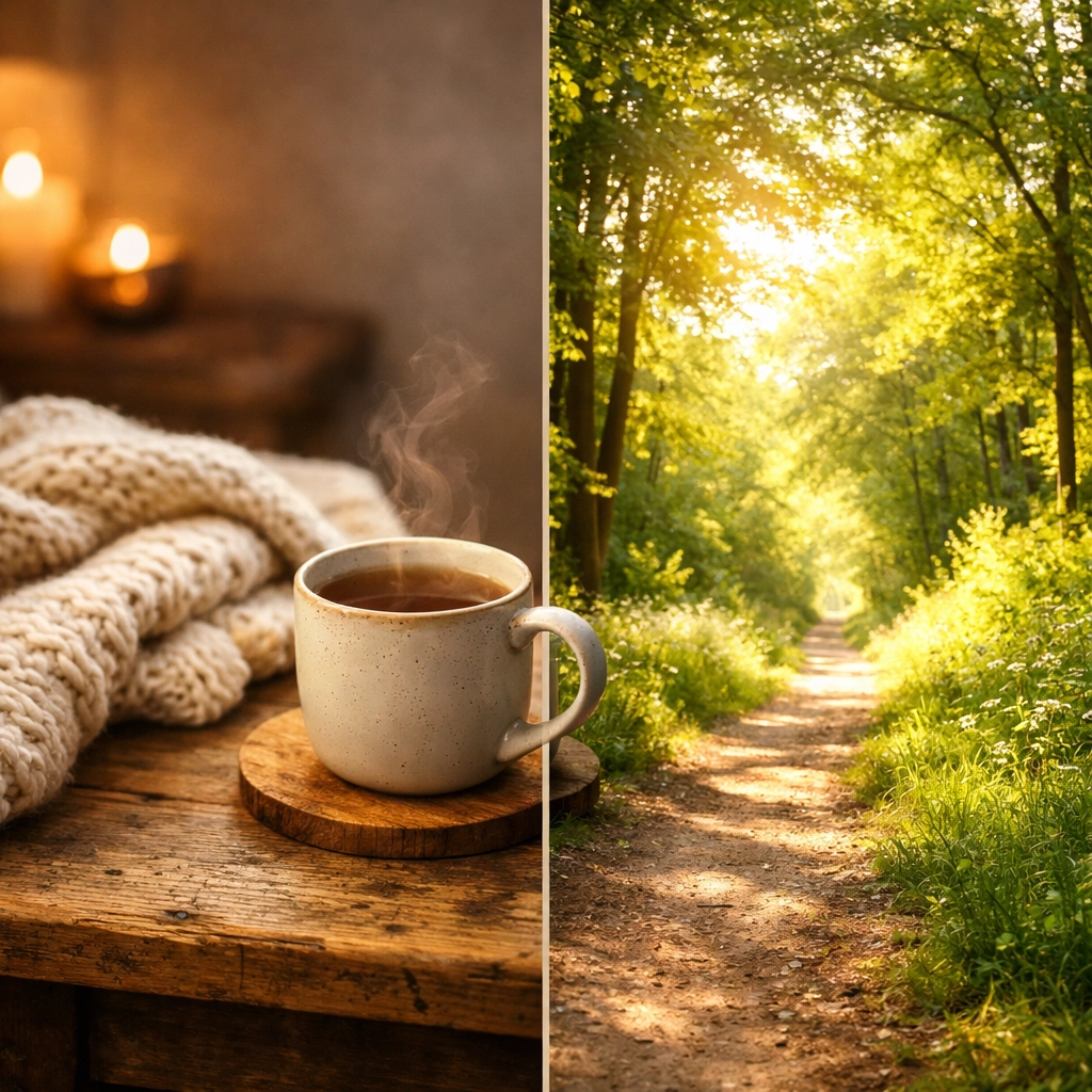 A split view of a cozy room and a forest path, symbolizing the mindset shift needed for health coaching success.