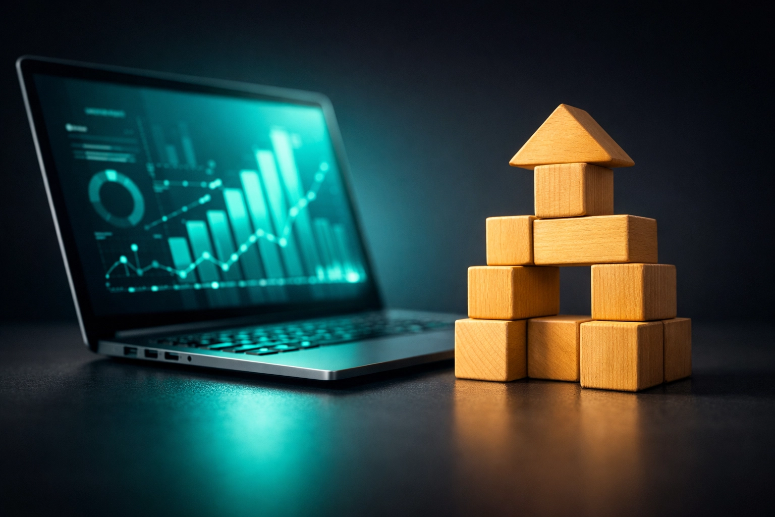 A laptop and wooden block tower symbolizing a stable technical SEO foundation and user experience design.