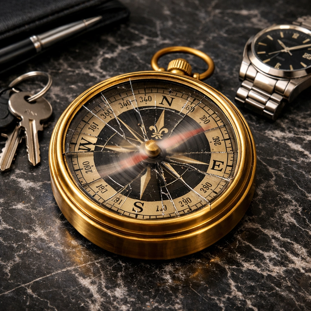 A broken brass compass on a desk representing a loss of leadership direction and focus.
