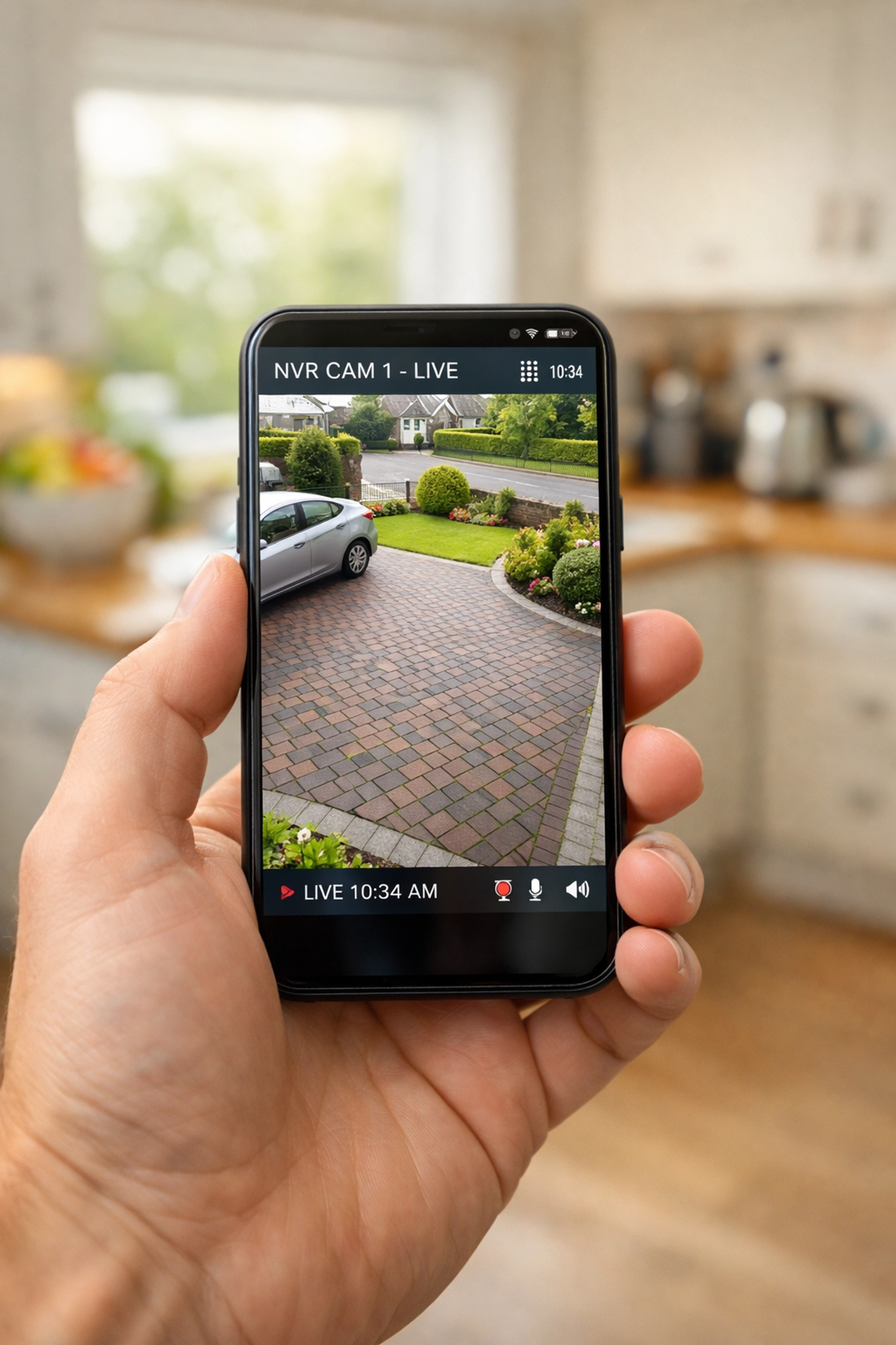 Smartphone app displaying a live security camera feed of a driveway for remote property monitoring.
