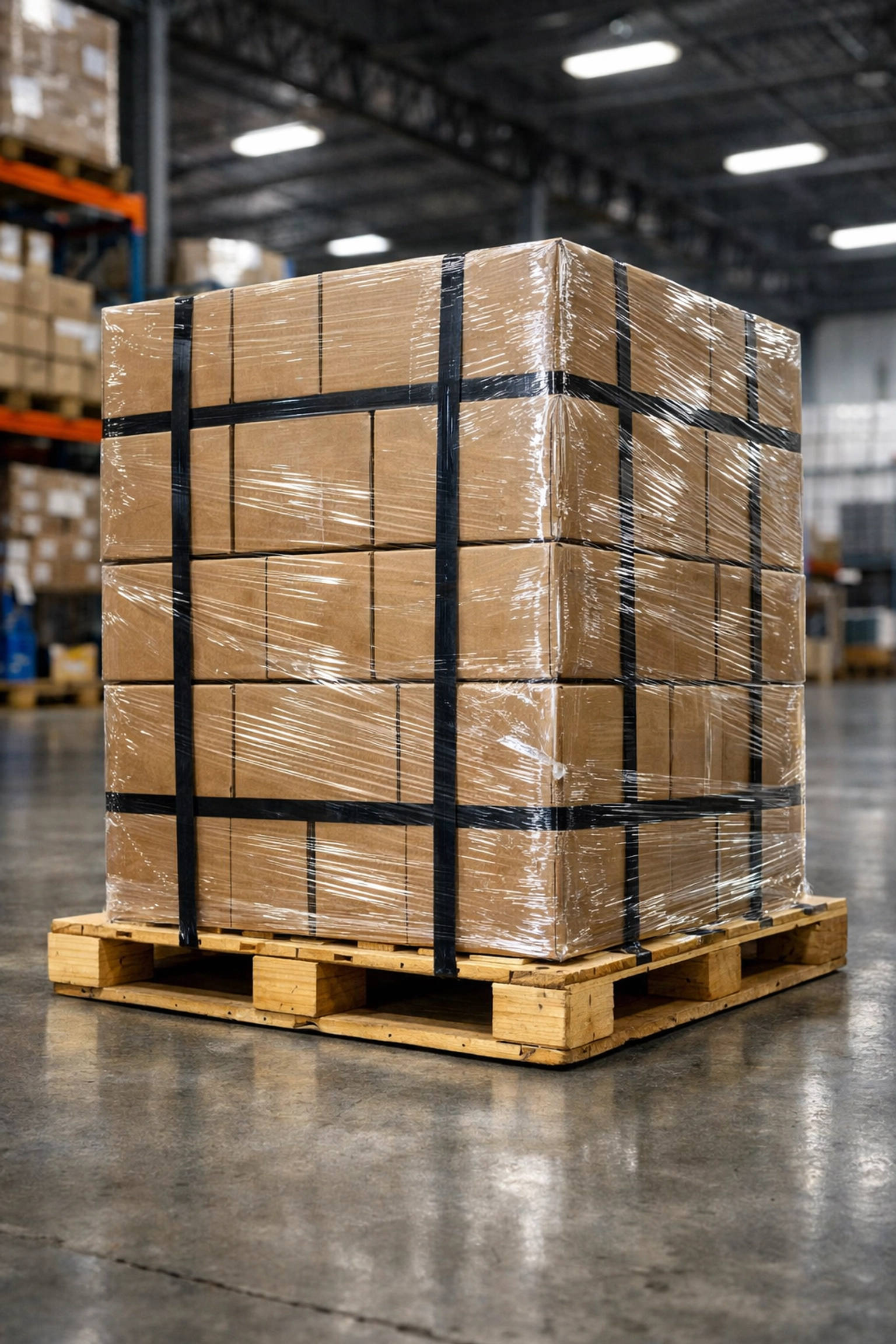 Properly palletized and shrink-wrapped freight shipment with compliant packaging