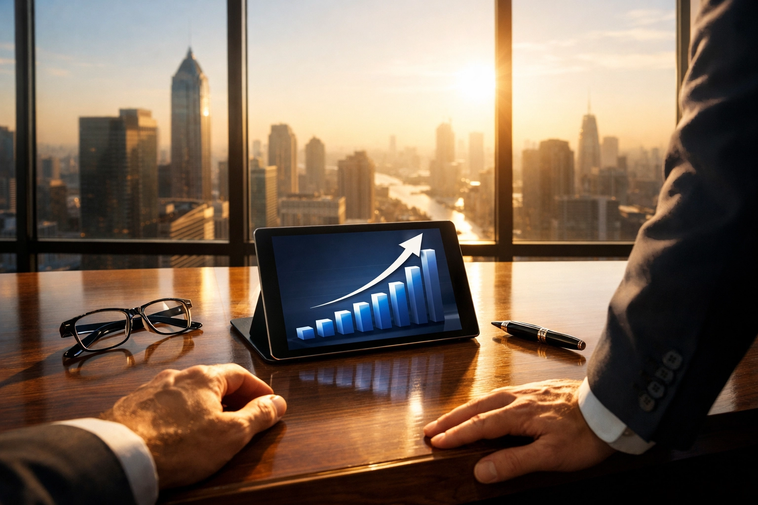 Strategic business growth chart on a tablet in a modern boardroom overlooking a city skyline.