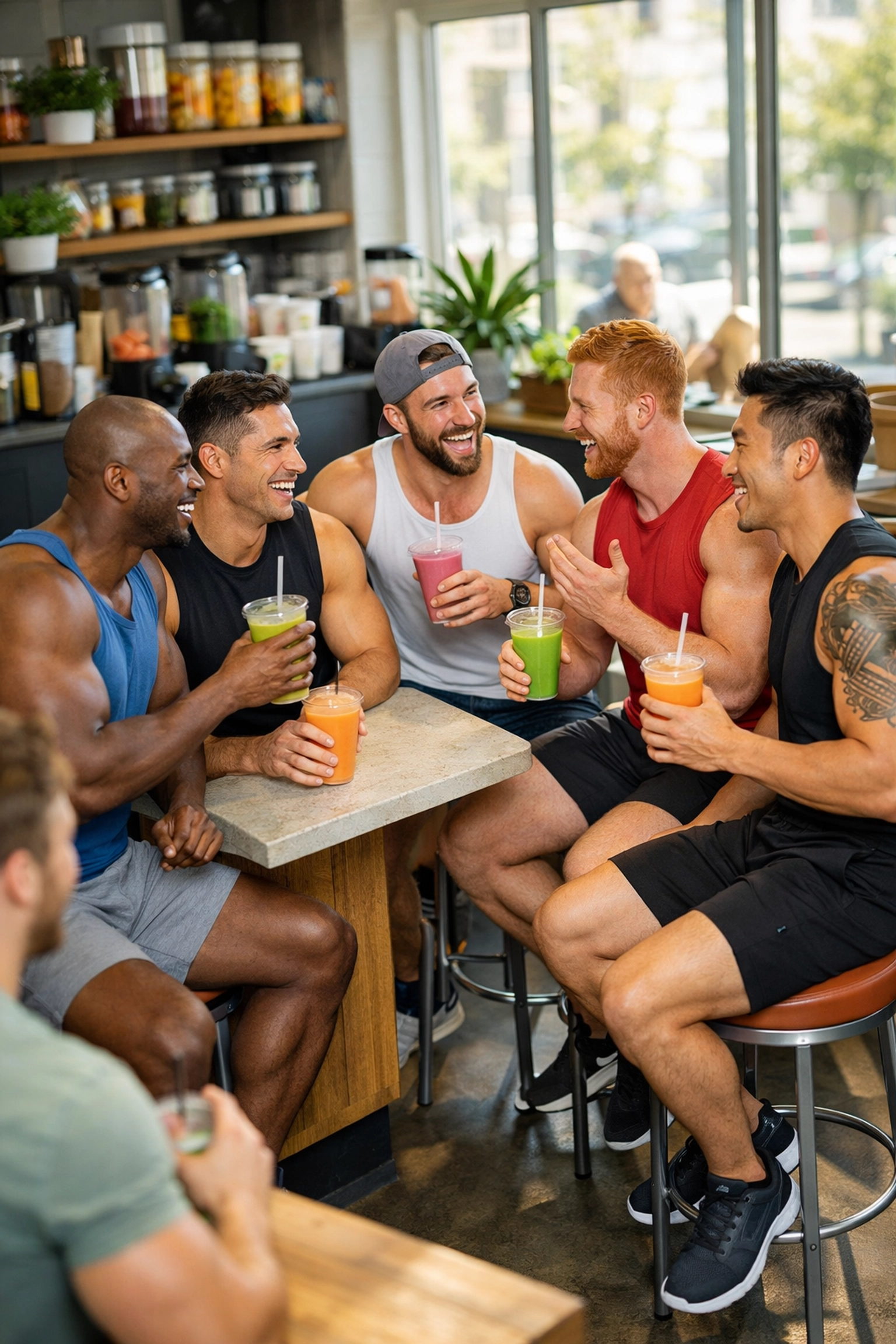 Group of gay men building community and friendship at modern gym juice bar