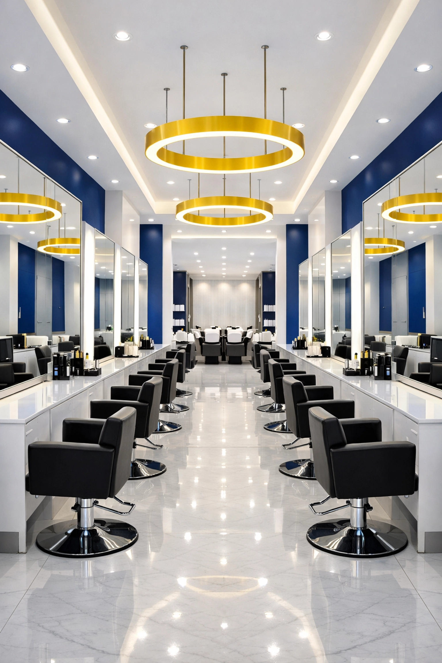 Wide-angle view of a modern, sanitized Dedham salon with sparkling mirrors and clean workstations.