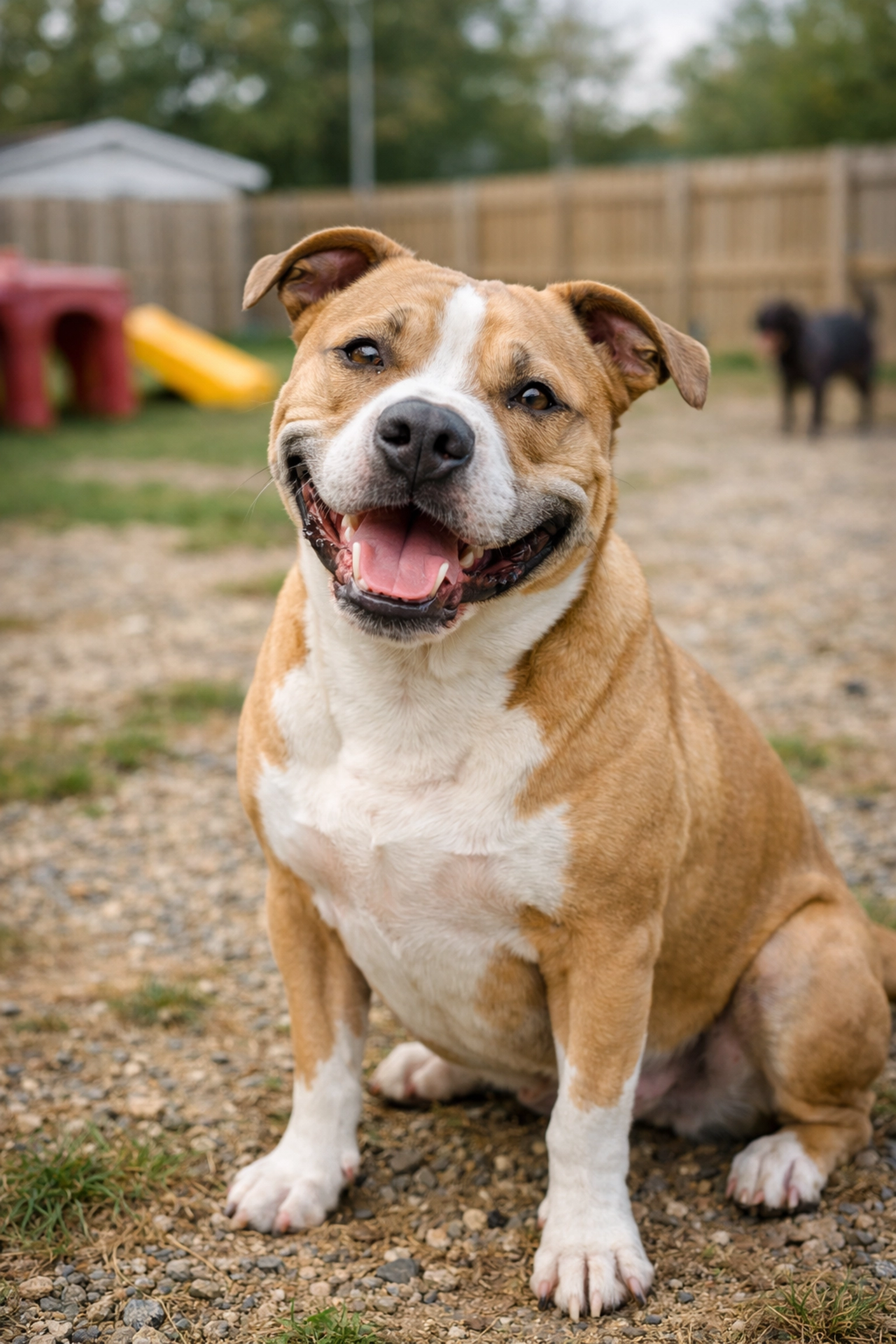 Happy pit bull mix showing canine devotion in outdoor dog play yard