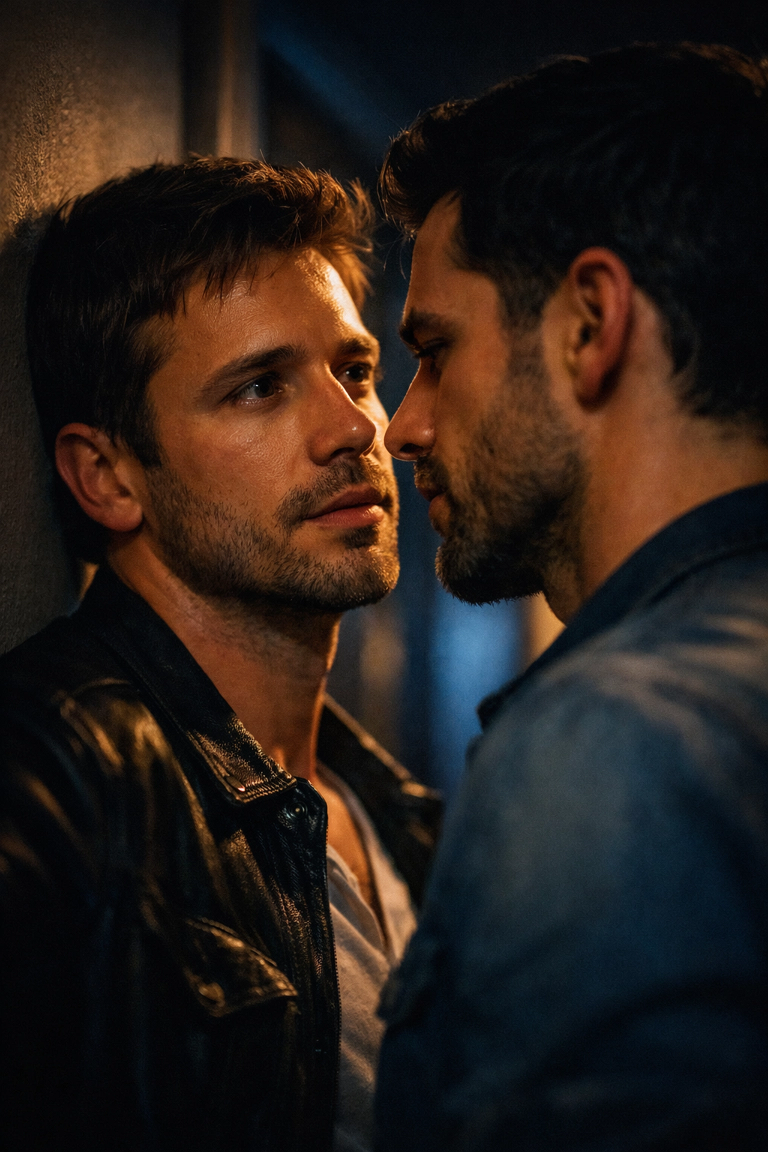 Two men in a hallway sharing a vulnerable moment of bisexual awakening in an MM romance story.
