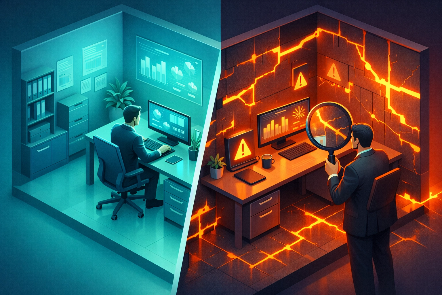 A digital lens revealing hidden cybersecurity gaps and vulnerabilities in a local business office setup.