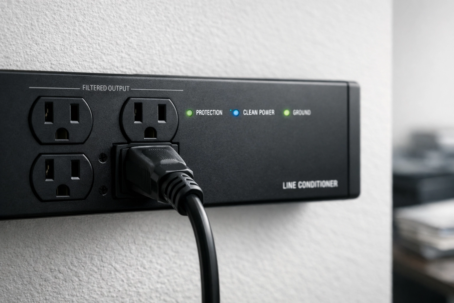 Line conditioner unit properly connected to laser printer for power protection