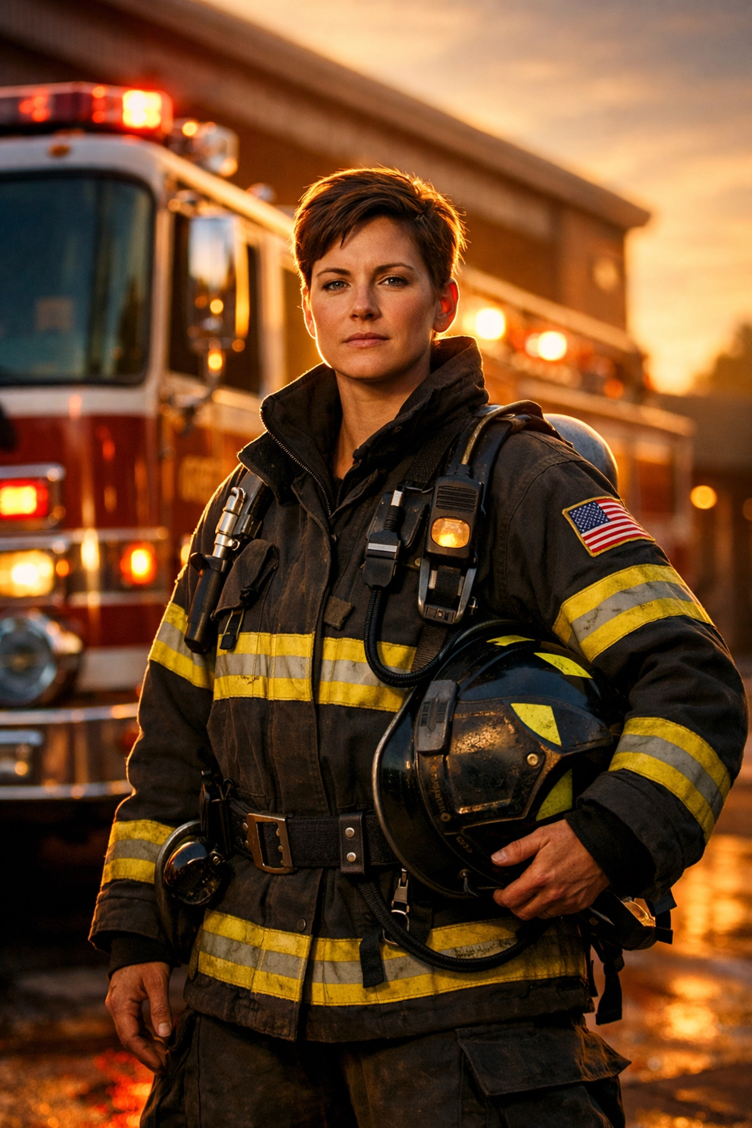 Confident lesbian firefighter in full gear demonstrating command presence at fire station
