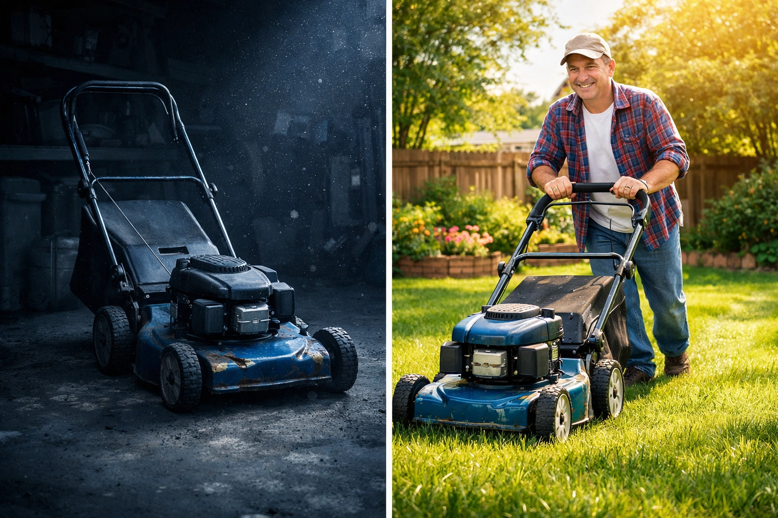 Comparison of unused lawn mower in garage versus active lawn mower being used in sunny backyard