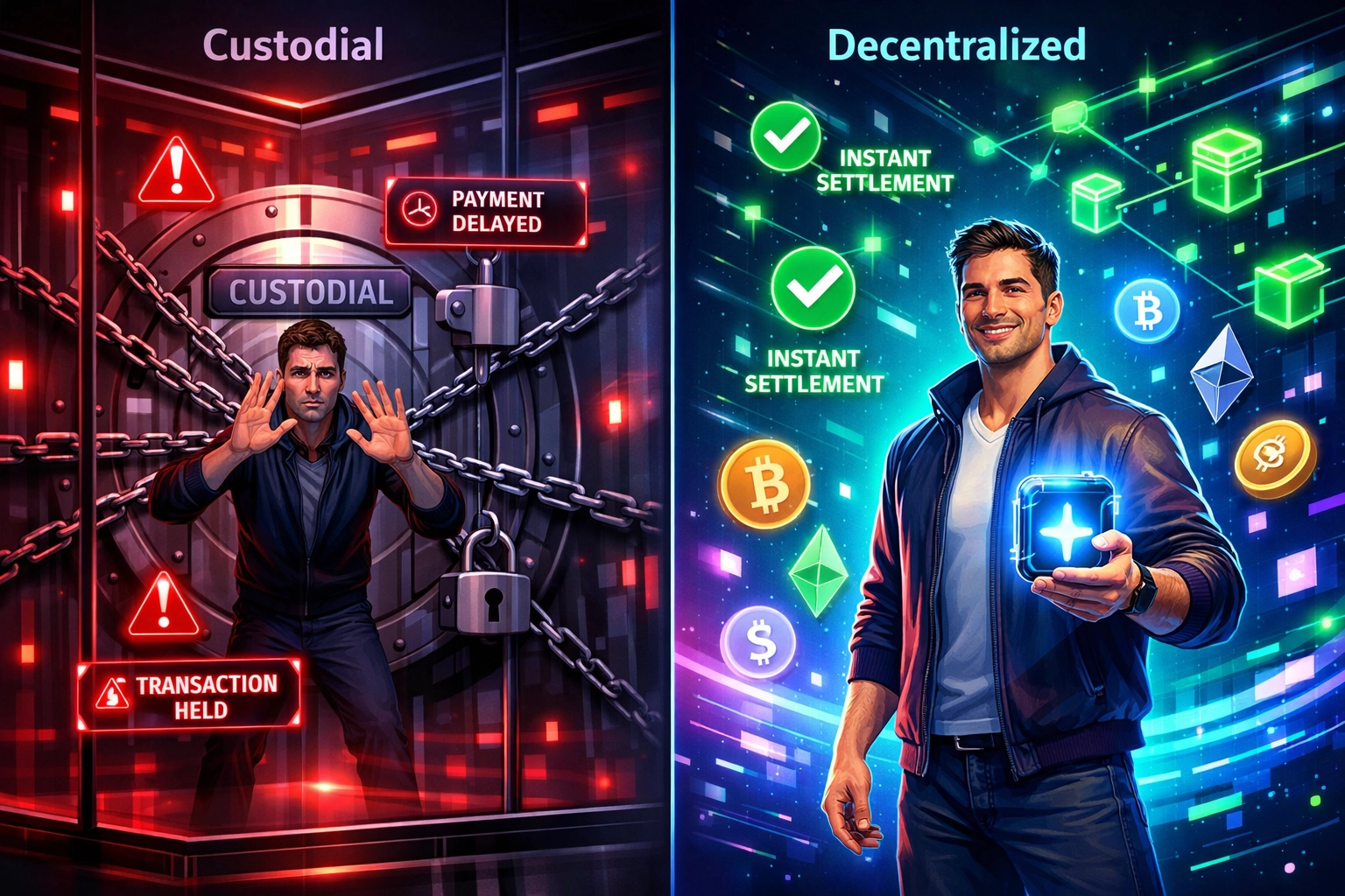 Self-custody crypto wallet vs custodial payment processor comparison illustrating merchant independence