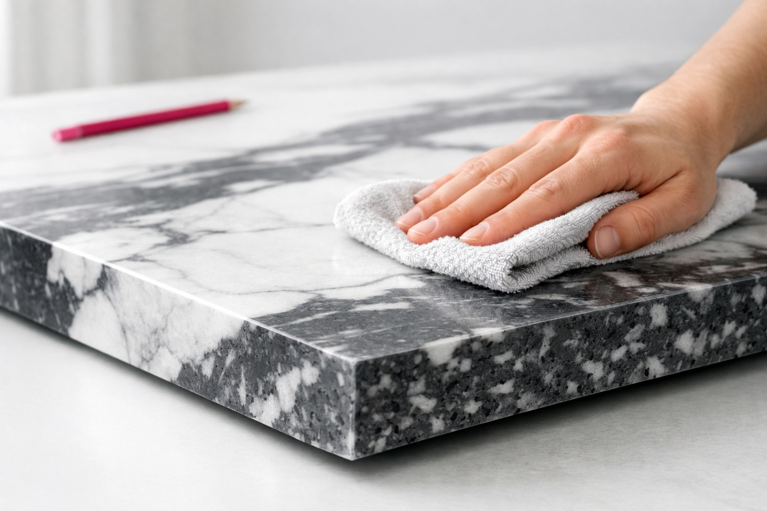 Buffing a marbled recycled plastic tabletop to repair surface scratches on durable HDPE furniture.