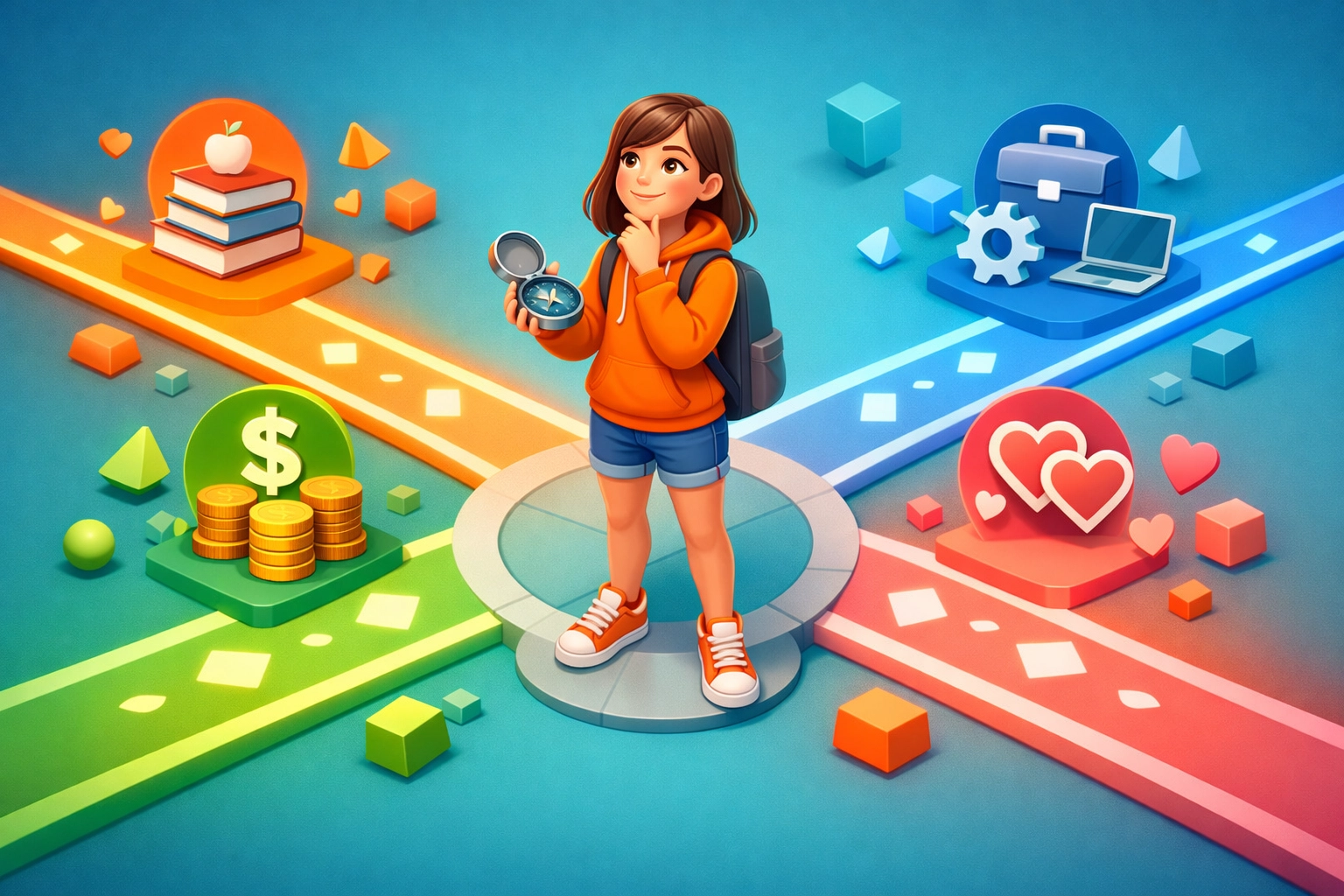 Teen girl making life decisions at crossroads representing decision-making skills for young adults