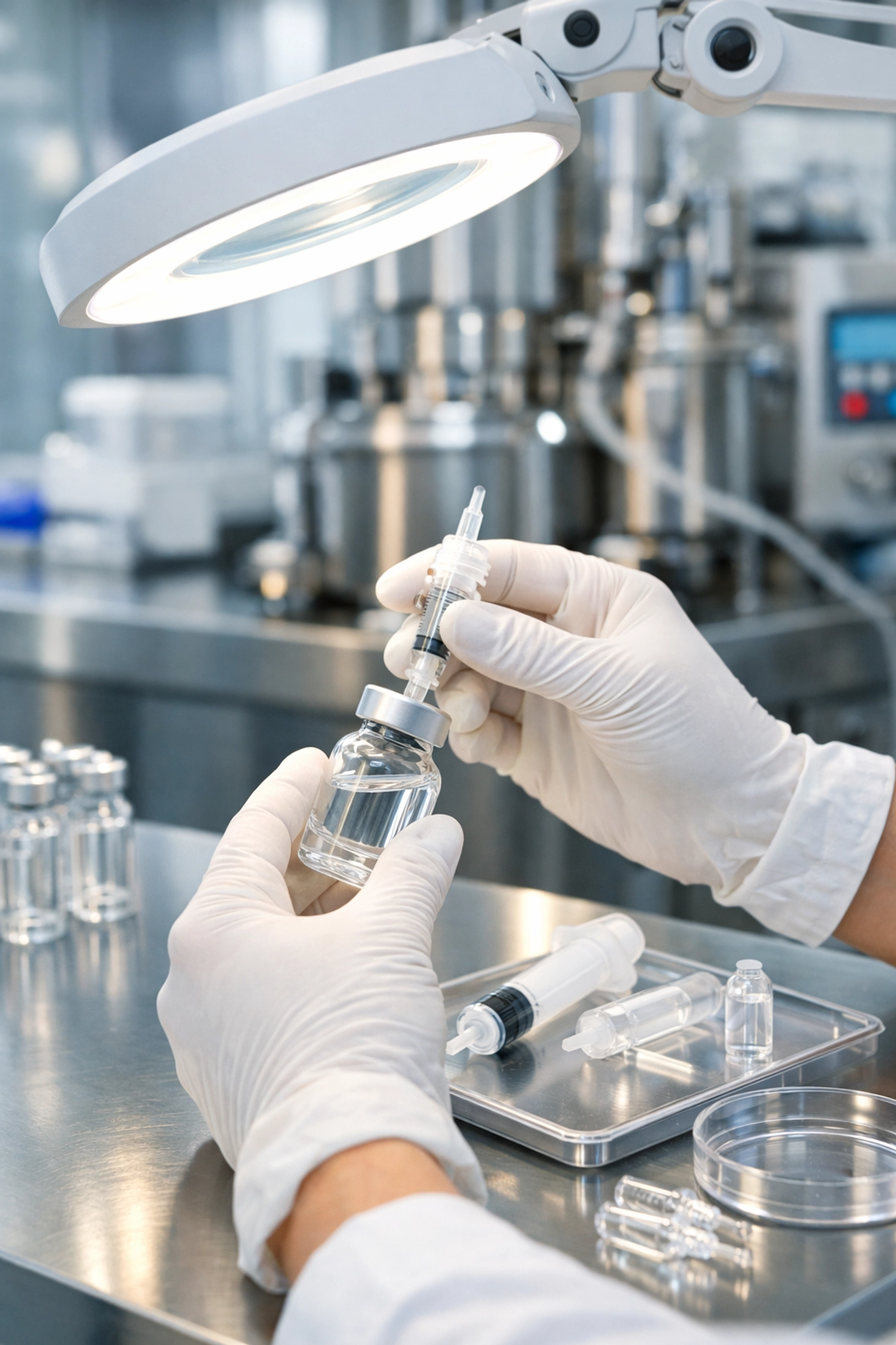 Licensed pharmacist preparing compounded GLP-1 weight loss treatments in a professional medical laboratory.