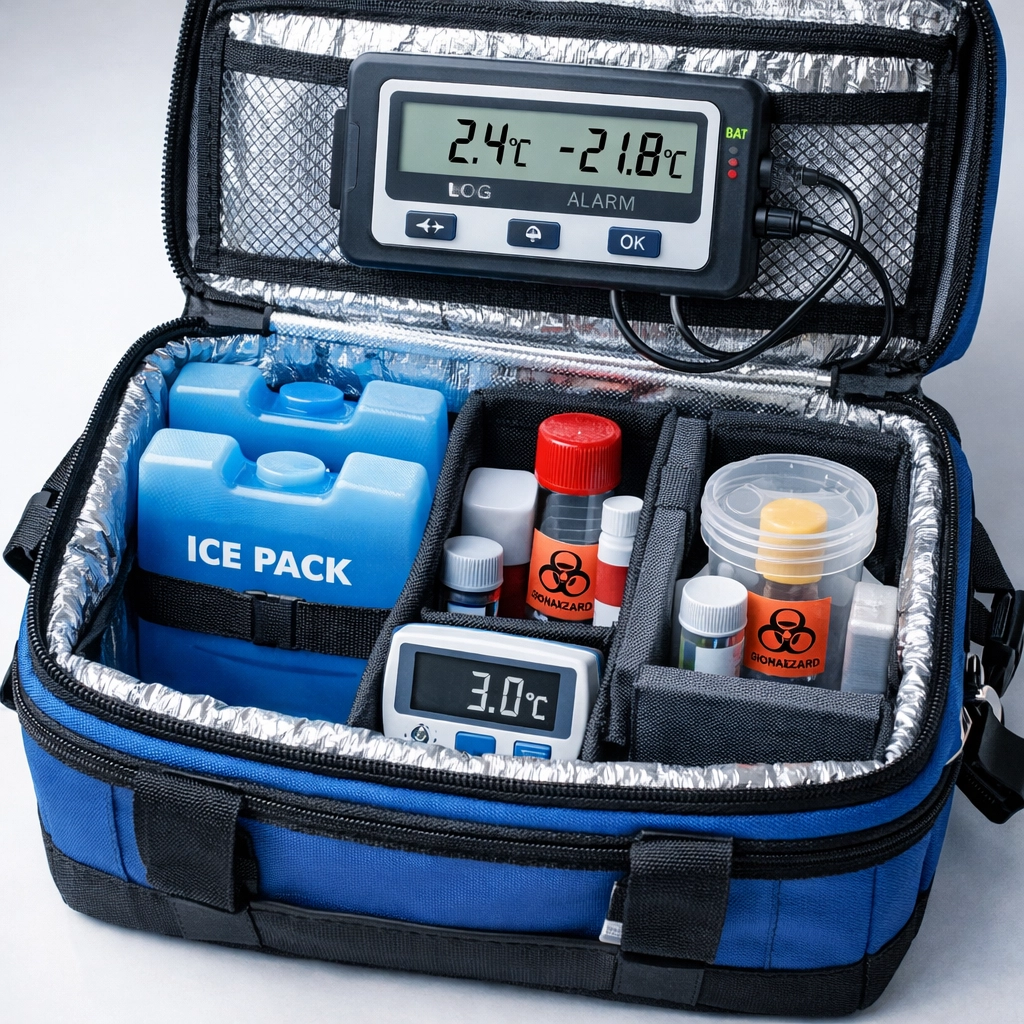 Temperature-controlled medical transport bag with monitoring devices for specimen delivery