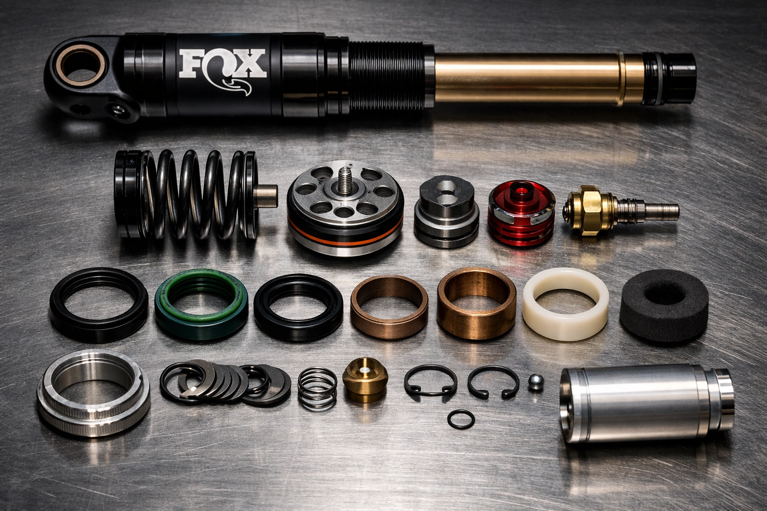 Disassembled FOX shock components including seals, piston assembly, and bushings on workbench
