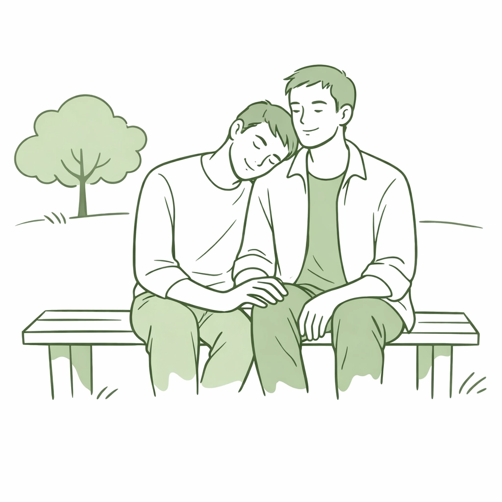 Two men sharing an intimate, non-sexual moment, representing asexual identity in queer fiction.