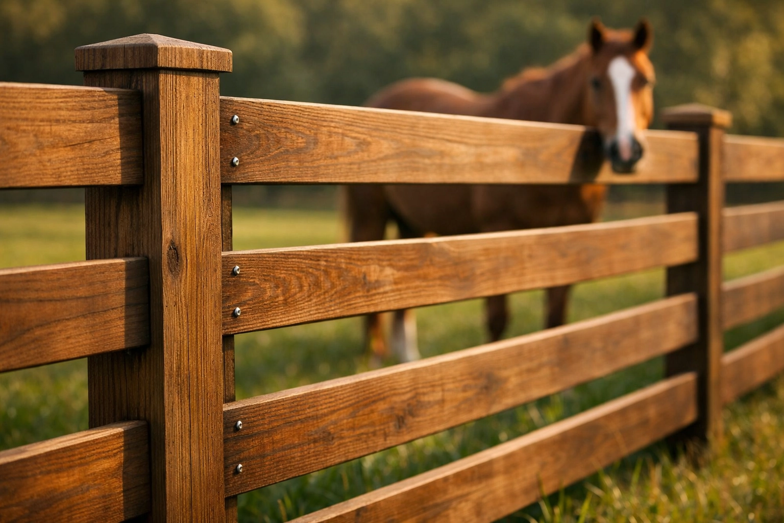 Well-maintained four-board fence at Waxhaw equestrian property with horse grazing