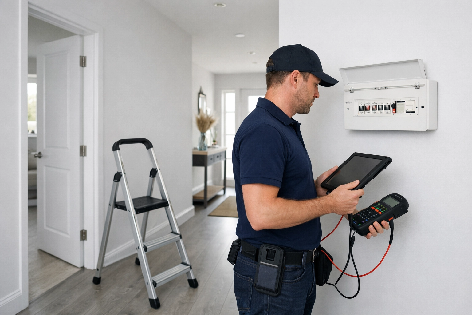 Electrician Dorset conducting an EICR inspection of a residential consumer unit to ensure landlord compliance.