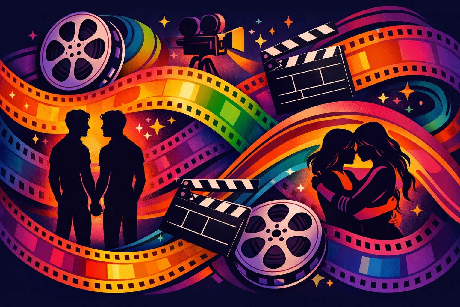 Queer Bollywood cinema celebration with rainbow film reels and LGBTQ+ couples